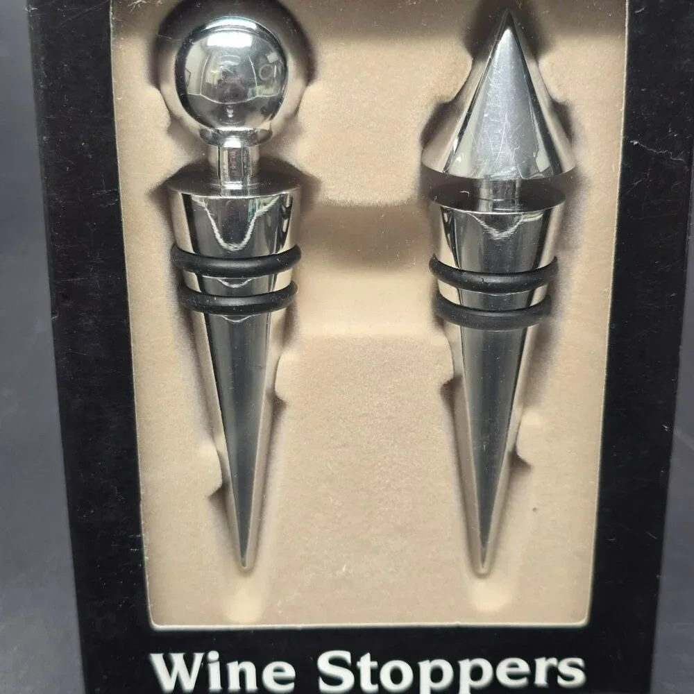 Silver Wine Stoppers Set Of 2 Vine & Co. Unique Designs Barware NIB JJ3971